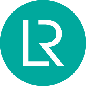 White stylized letters L and R combined on a teal circular background.