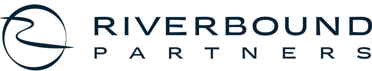 Riverbound Partners wordmark logo in dark navy blue with stylized river icon.