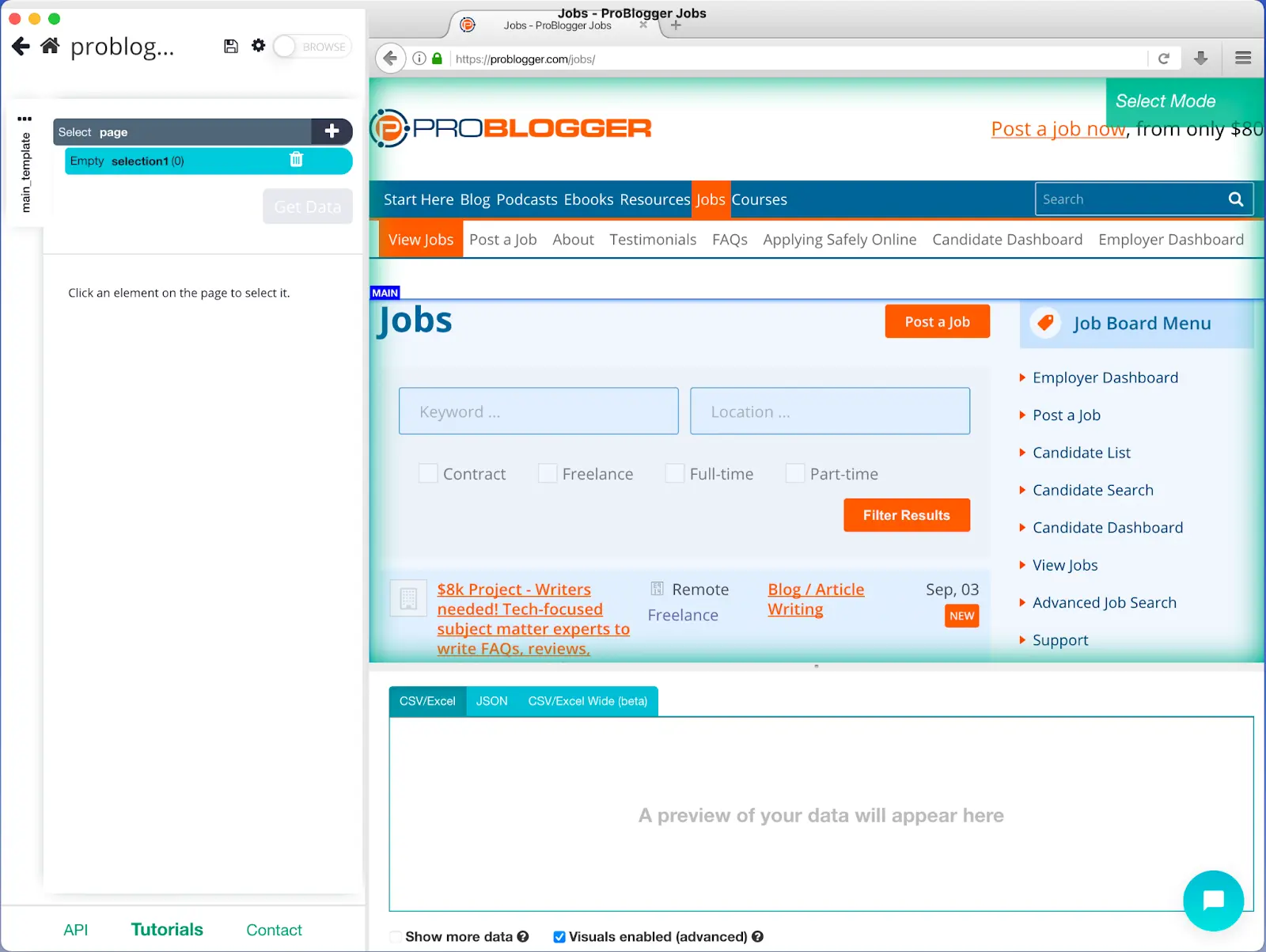 ParseHub interface with selected web elements for scraping and a preview of extracted data