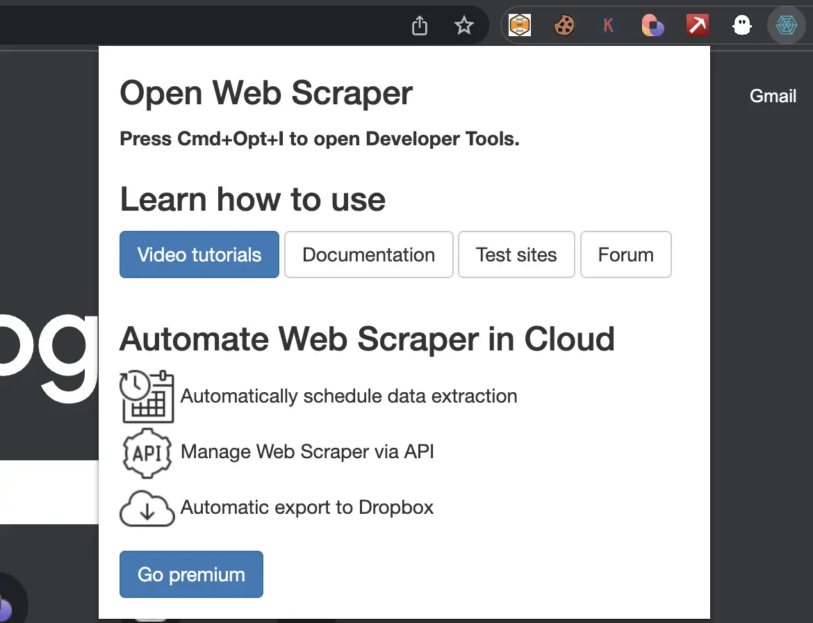 WebScraper.io interface with options for creating and managing web scraping projects.