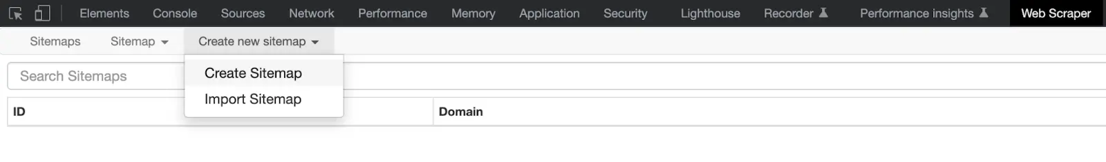 WebScraper.io interface with options for creating and importing a sitemap