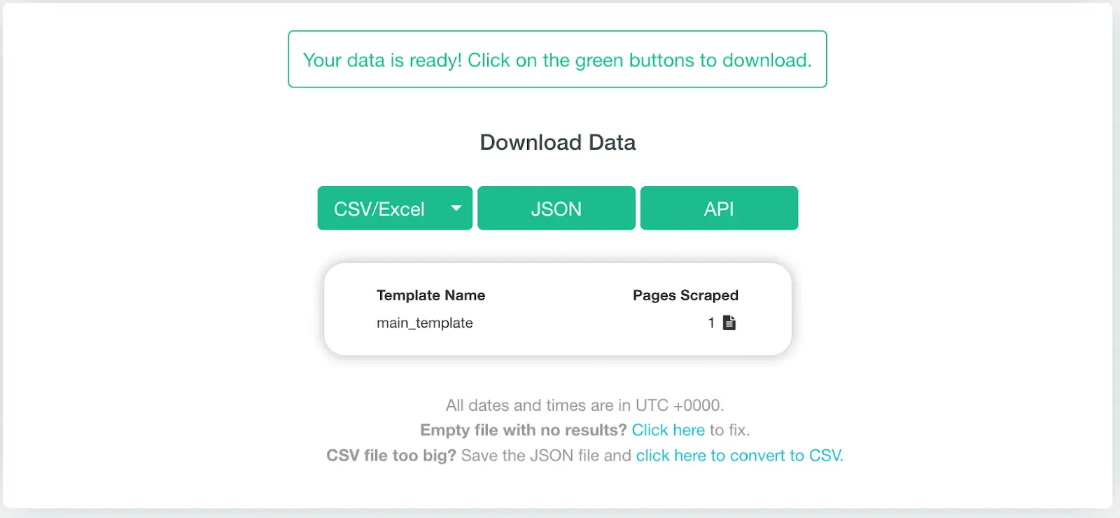 ParseHub download screen with options to convert files to CSV, JSON, and API.