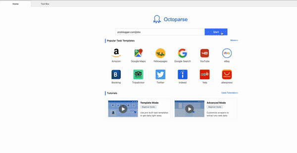 Octoparse interface with a workflow designer and selected data fields.