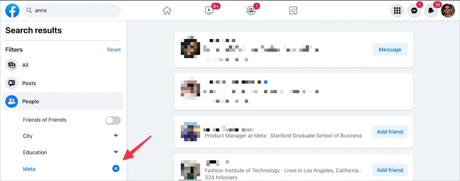 Use the work filter to find people on Facebook 