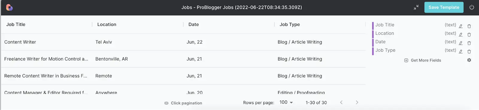 Configured data fields for web scraping.
