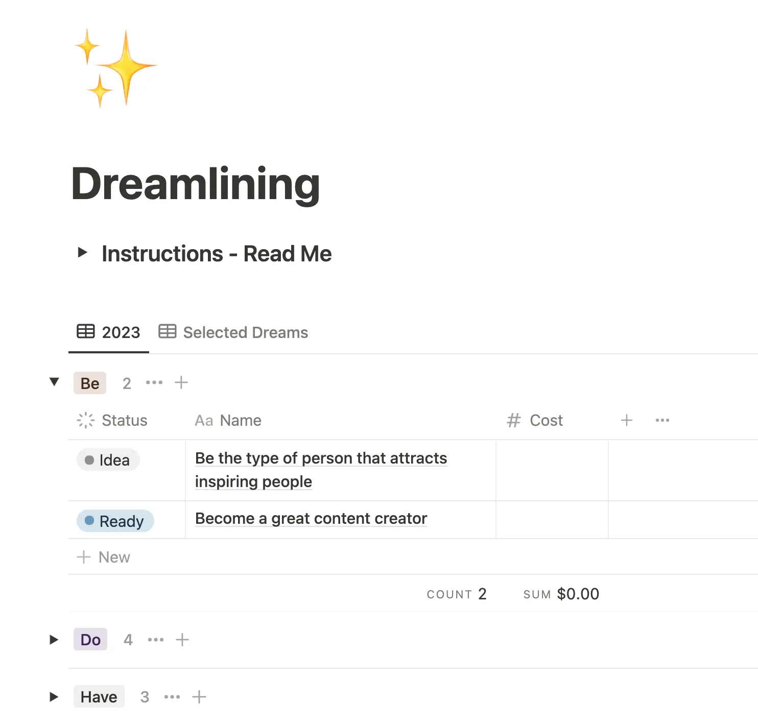 Notion New Year resolution template