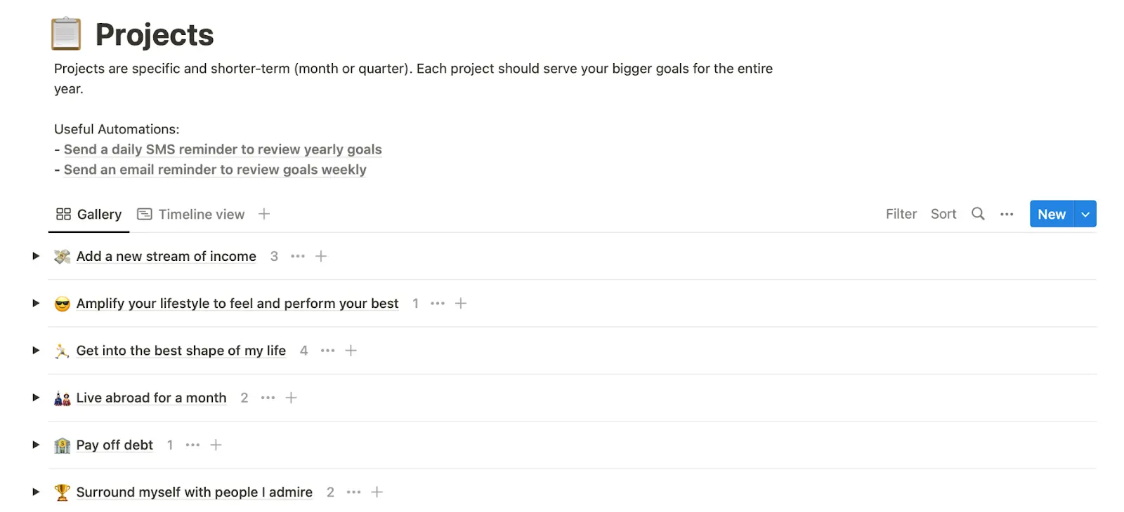 Notion New Year resolution template