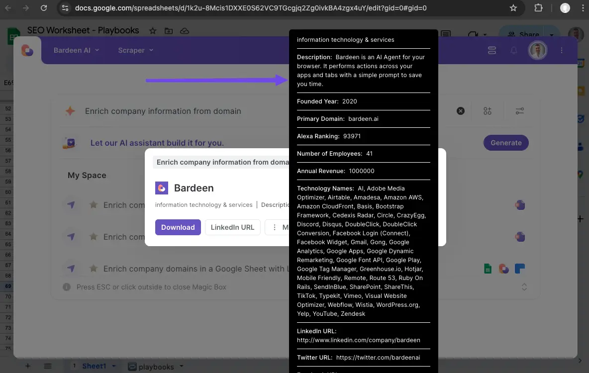 Getting company info using domain names with Bardeen