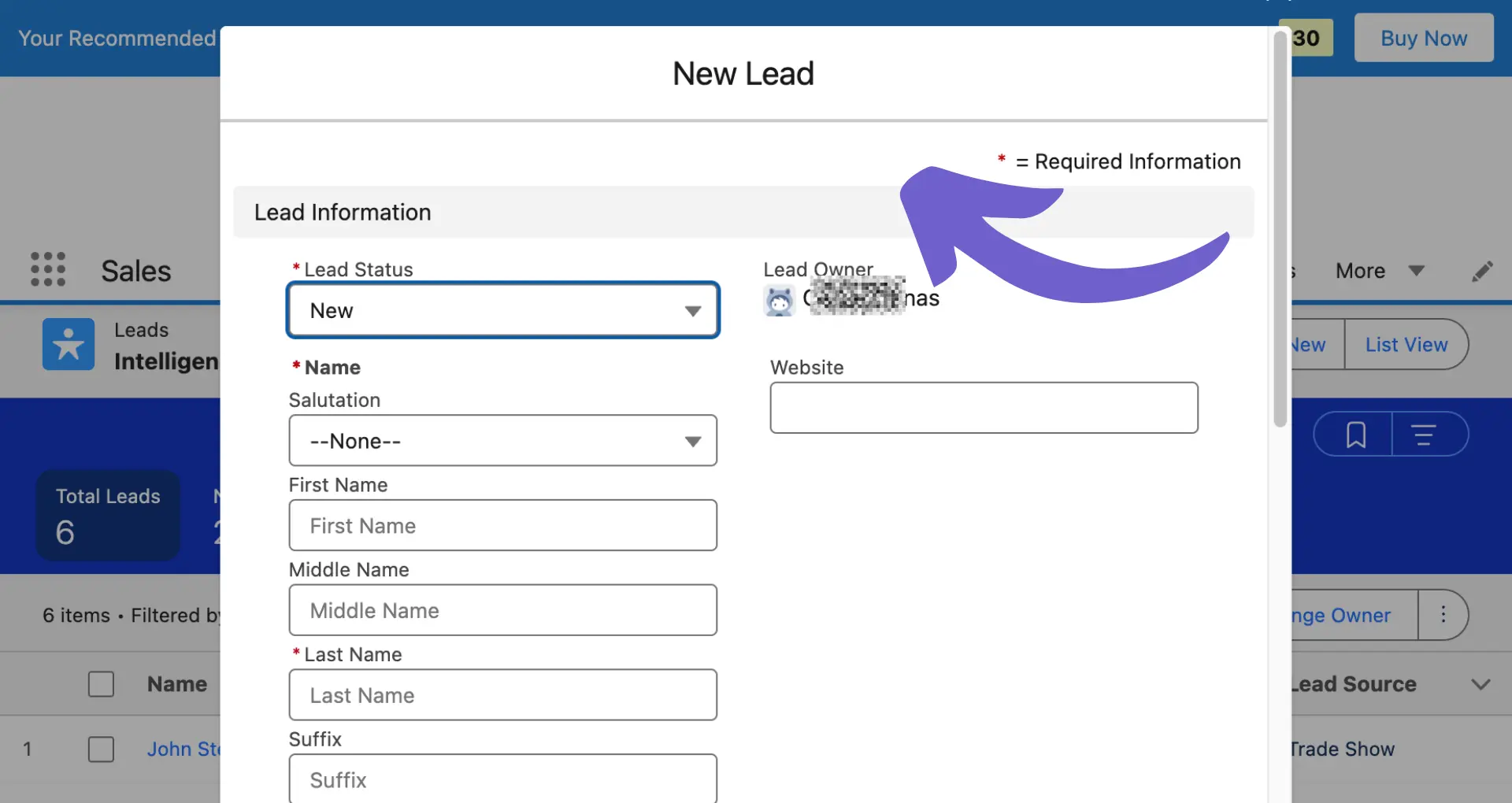 Salesforce dashboard - creating a new lead manually