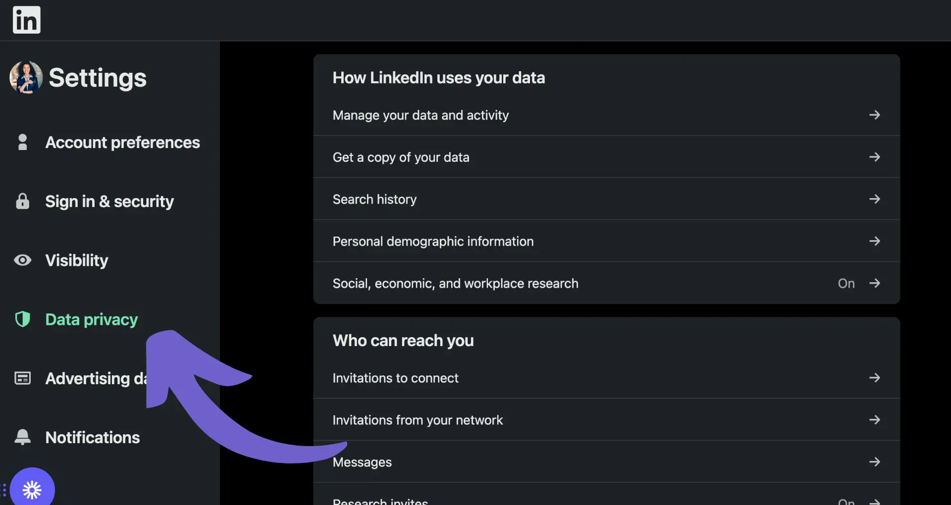 The LinkedIn settings page with the data privacy section emphasized