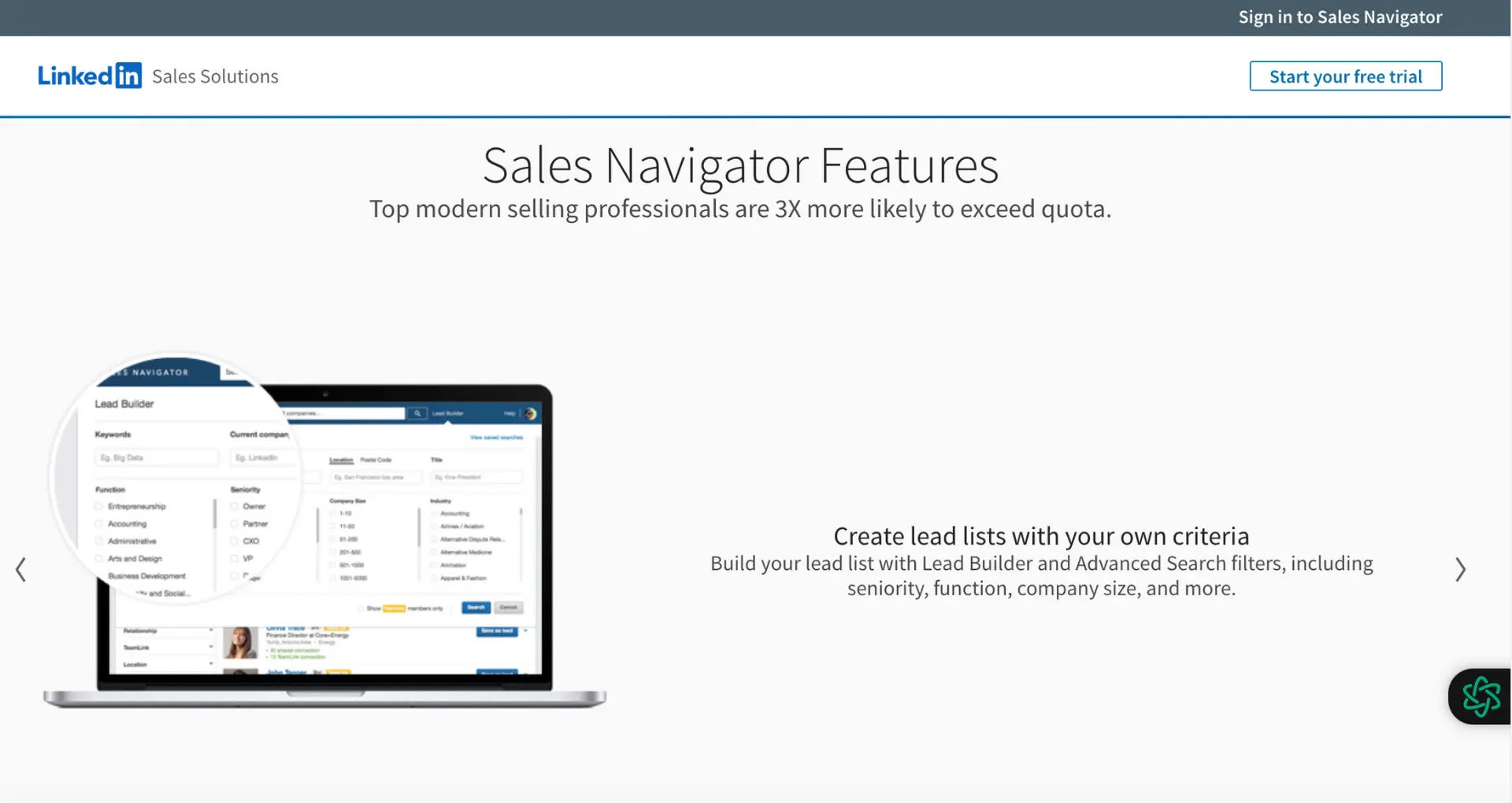 LinkedIn Sales Navigator page, showcasing the main dashboard