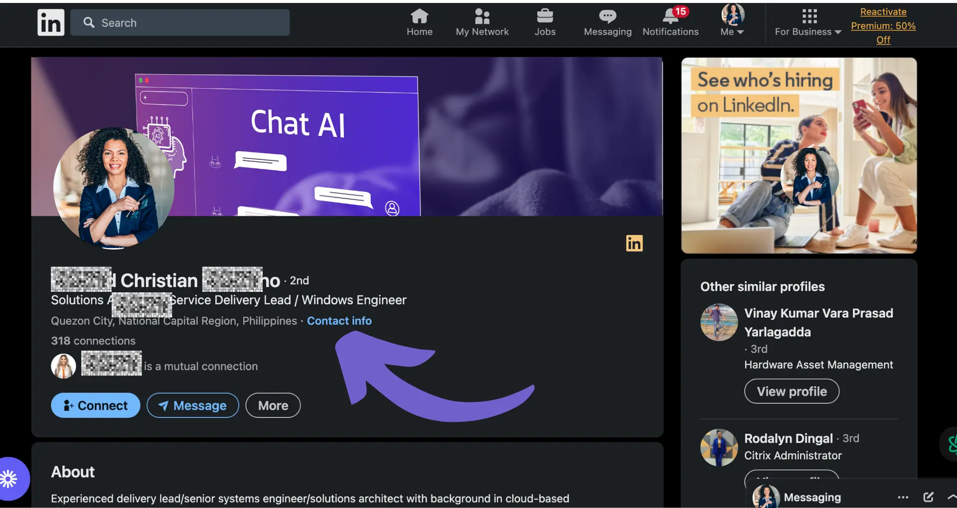 A LinkedIn profile page with the contact info button emphasized