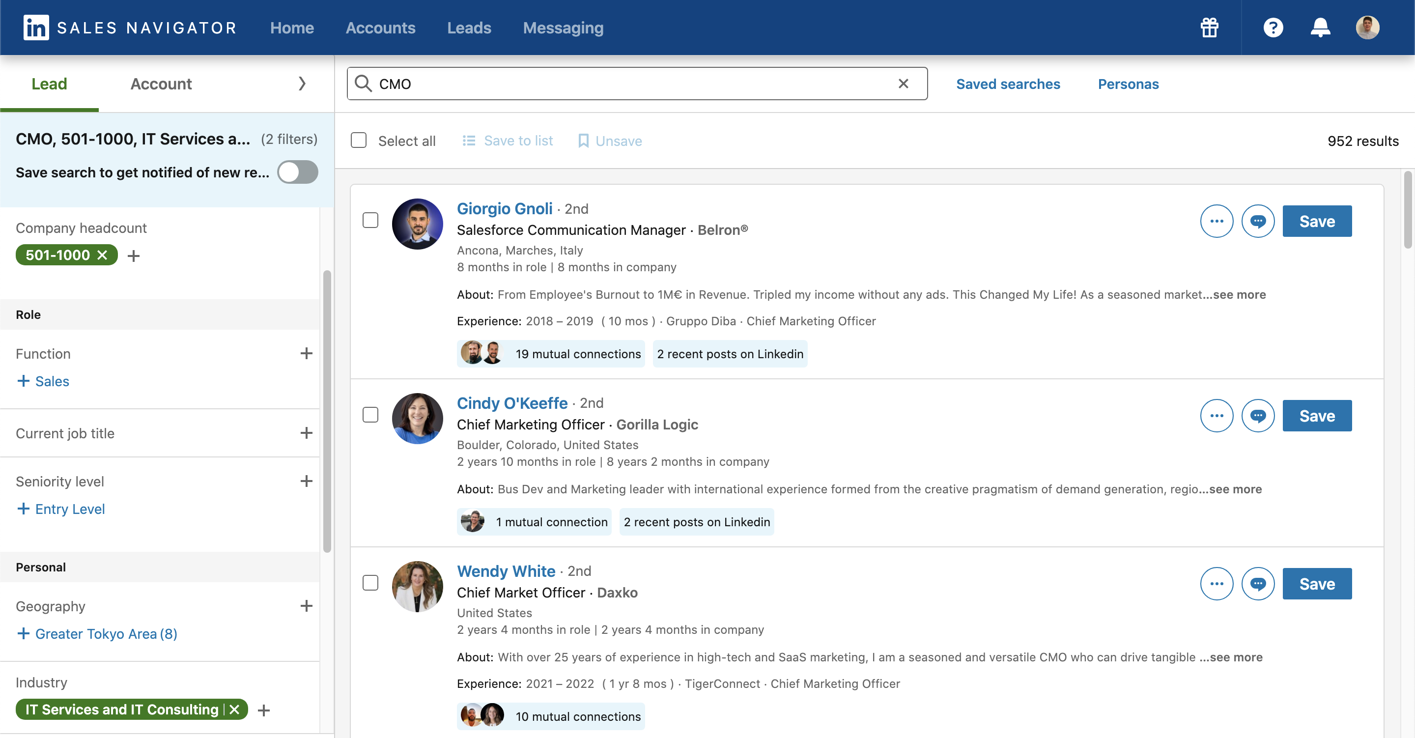 Using LinkedIn Sales Navigator to search for leads.