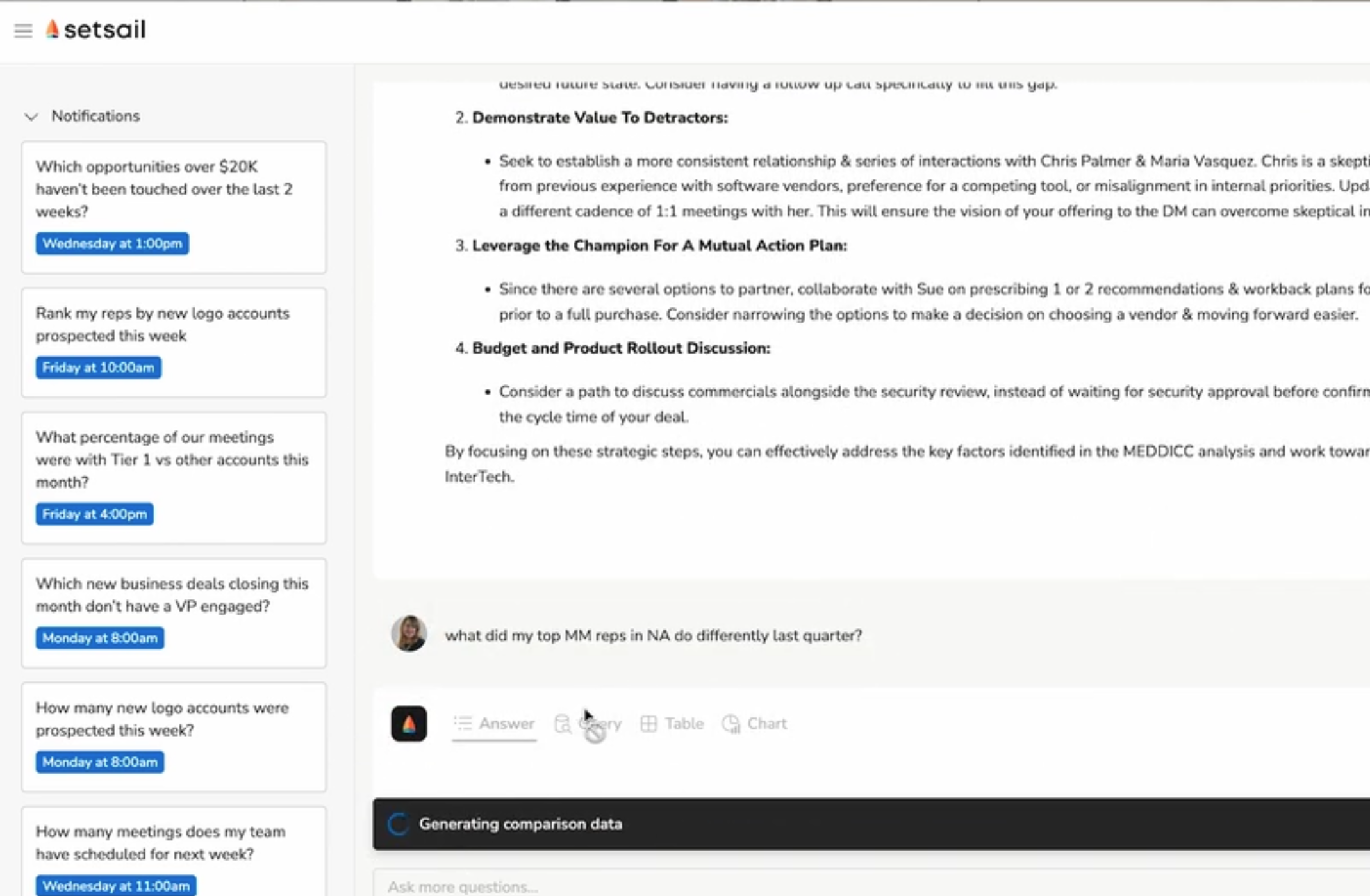 Dashboard in SetSail RevOps software with a list of notifications and sales tips.