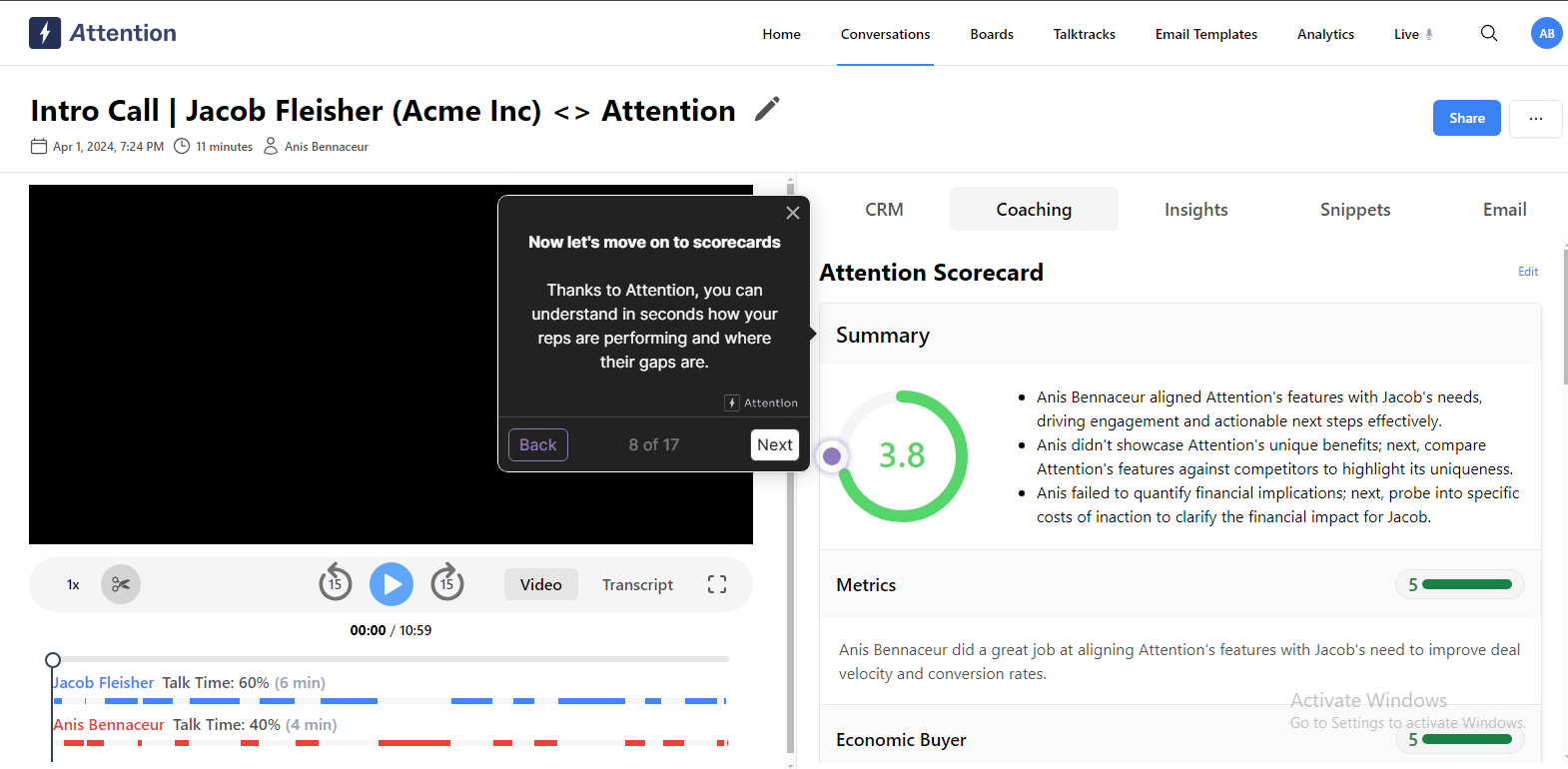 Sales scorecard with call recording and insights displayed in the Attention sales platform.