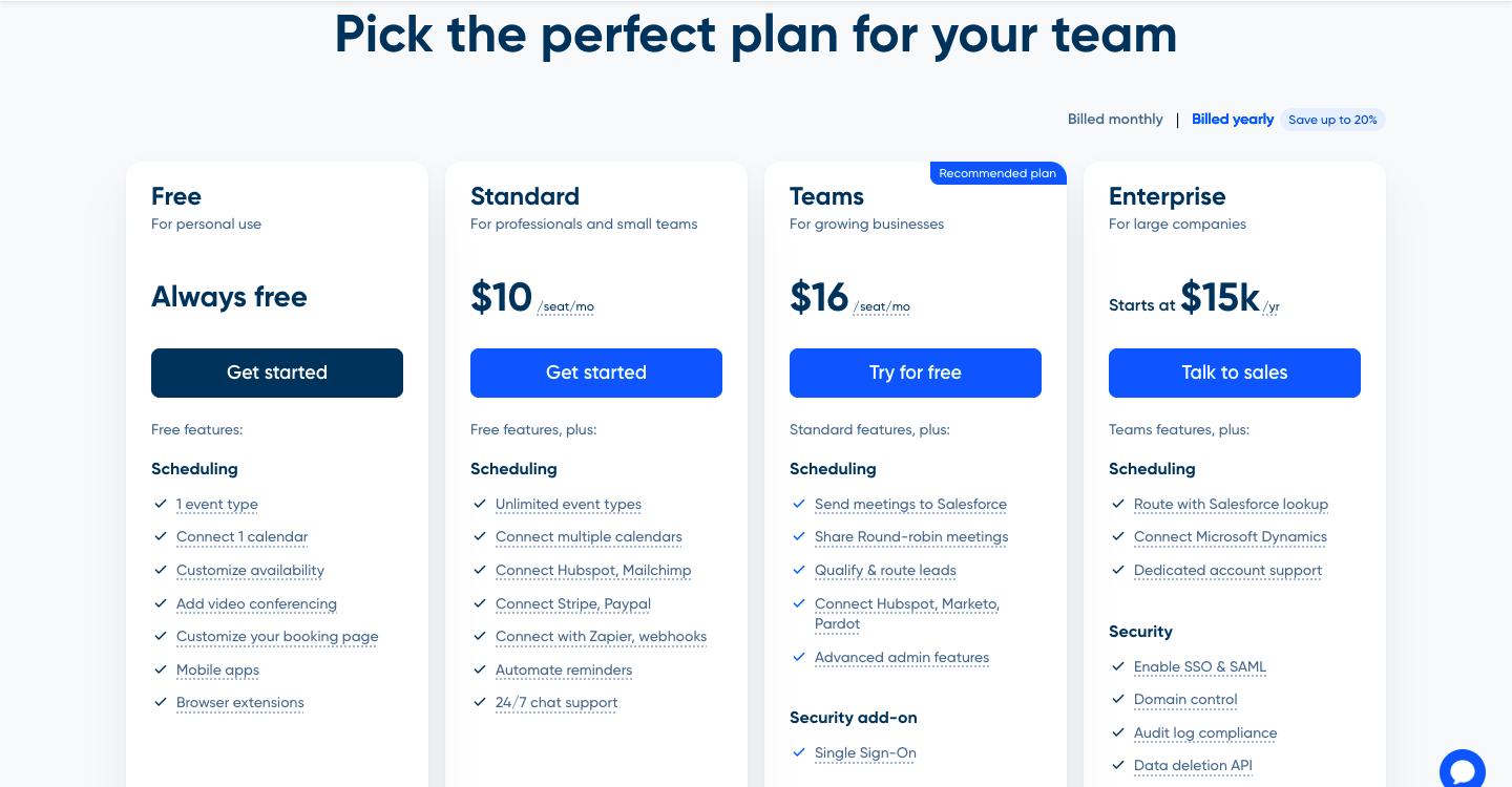 Calendly's pricing page, displaying multiple subscription plans such as Free, Standard, Teams, and Enterprise.