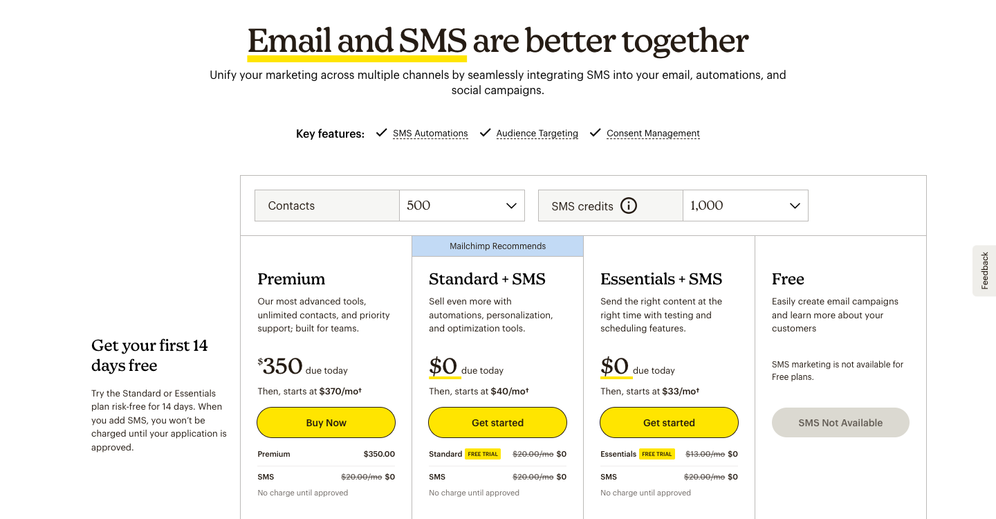 Mailchimp's pricing page, featuring various subscription plans and details such as cost and features included.