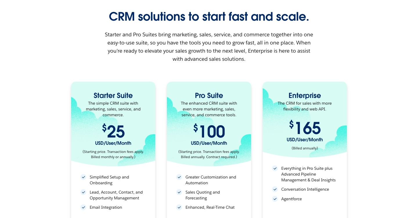 Salesforce's pricing page with a list of subscription plans and features like CRM capabilities, automation, analytics, and customization options.
