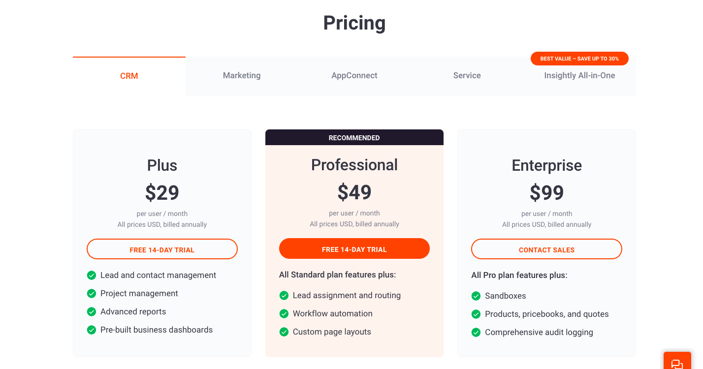  Insightly's pricing page, displaying various subscription plans and information about key features and cost.