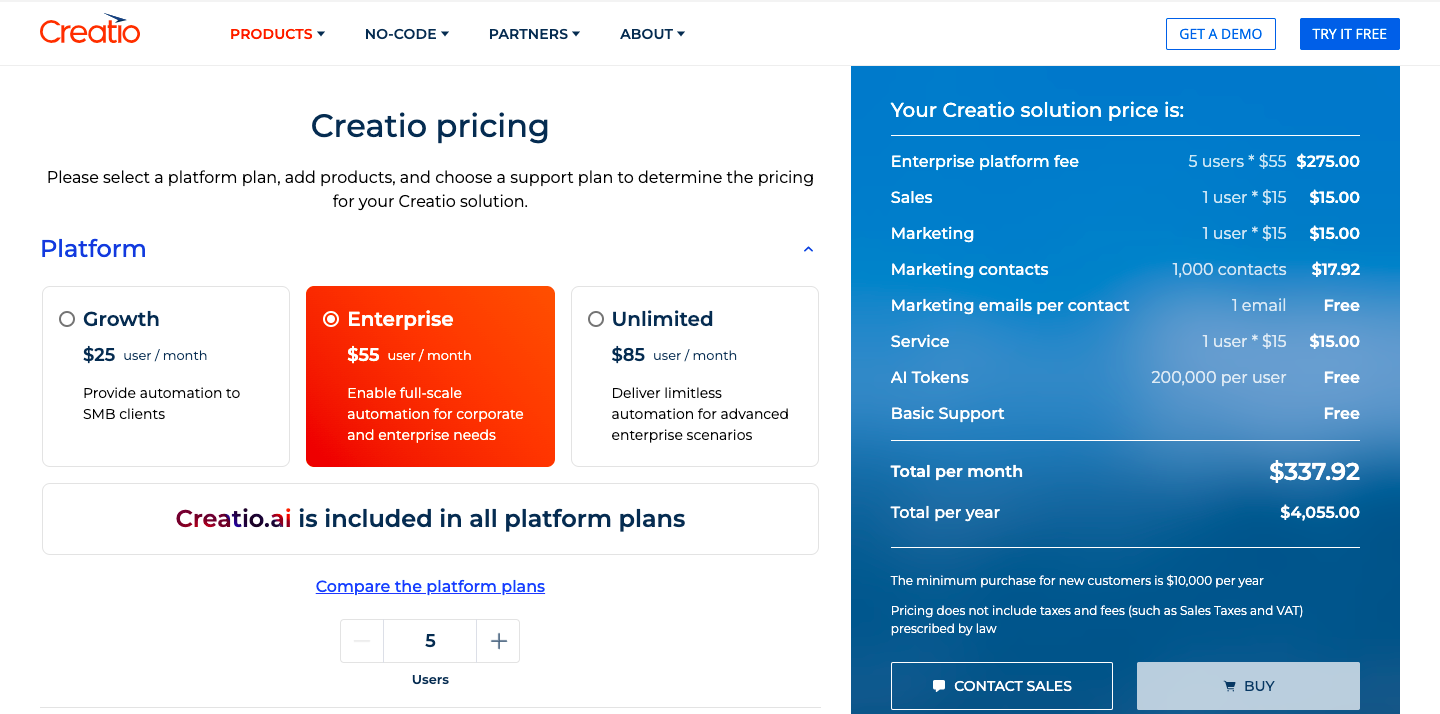 Creatio's pricing page, showcasing multiple subscription plans and an itemized list of expenses with monthly and yearly costs. ‍