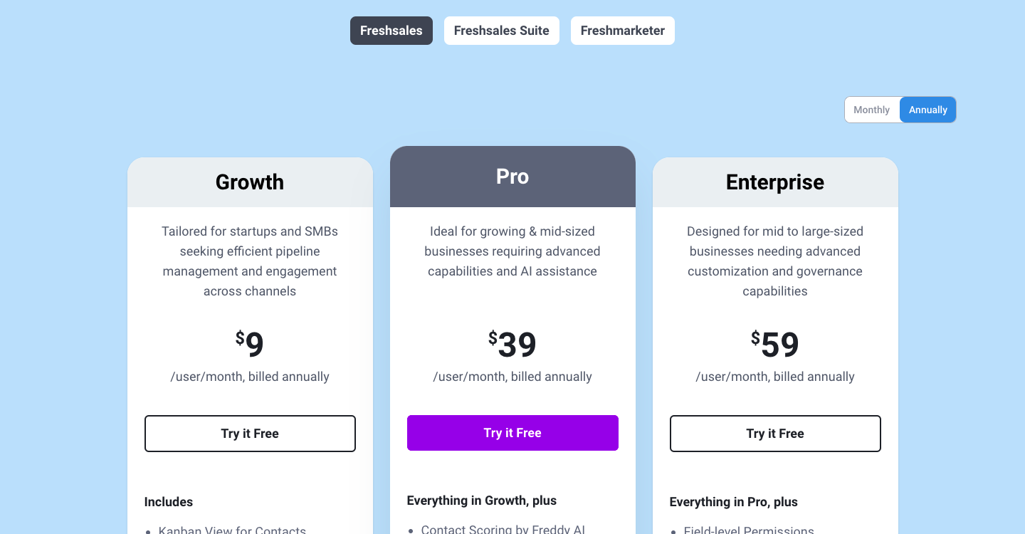 Freshworks' pricing page, showcasing different subscription plans and information about pricing and features.