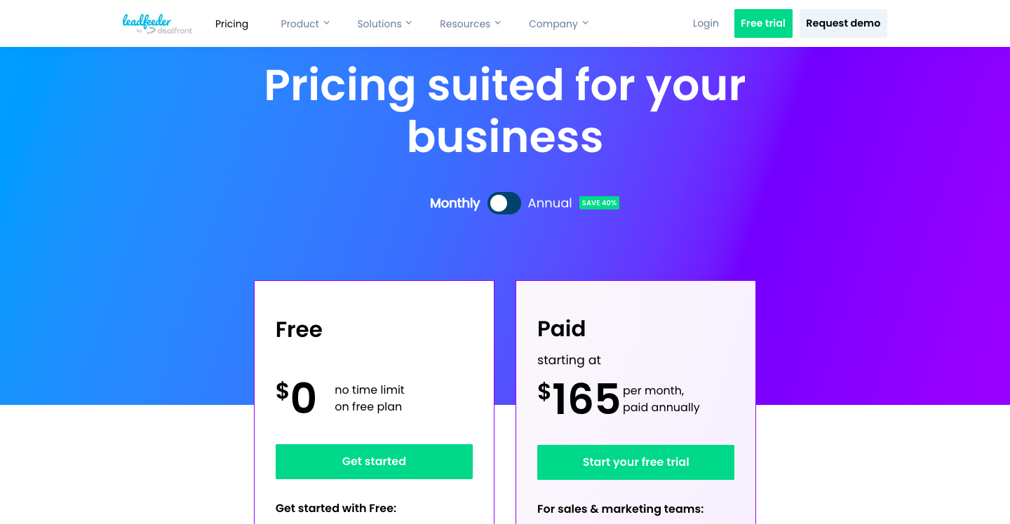Leadfeeder's pricing page with details about the free and paid subscriptions