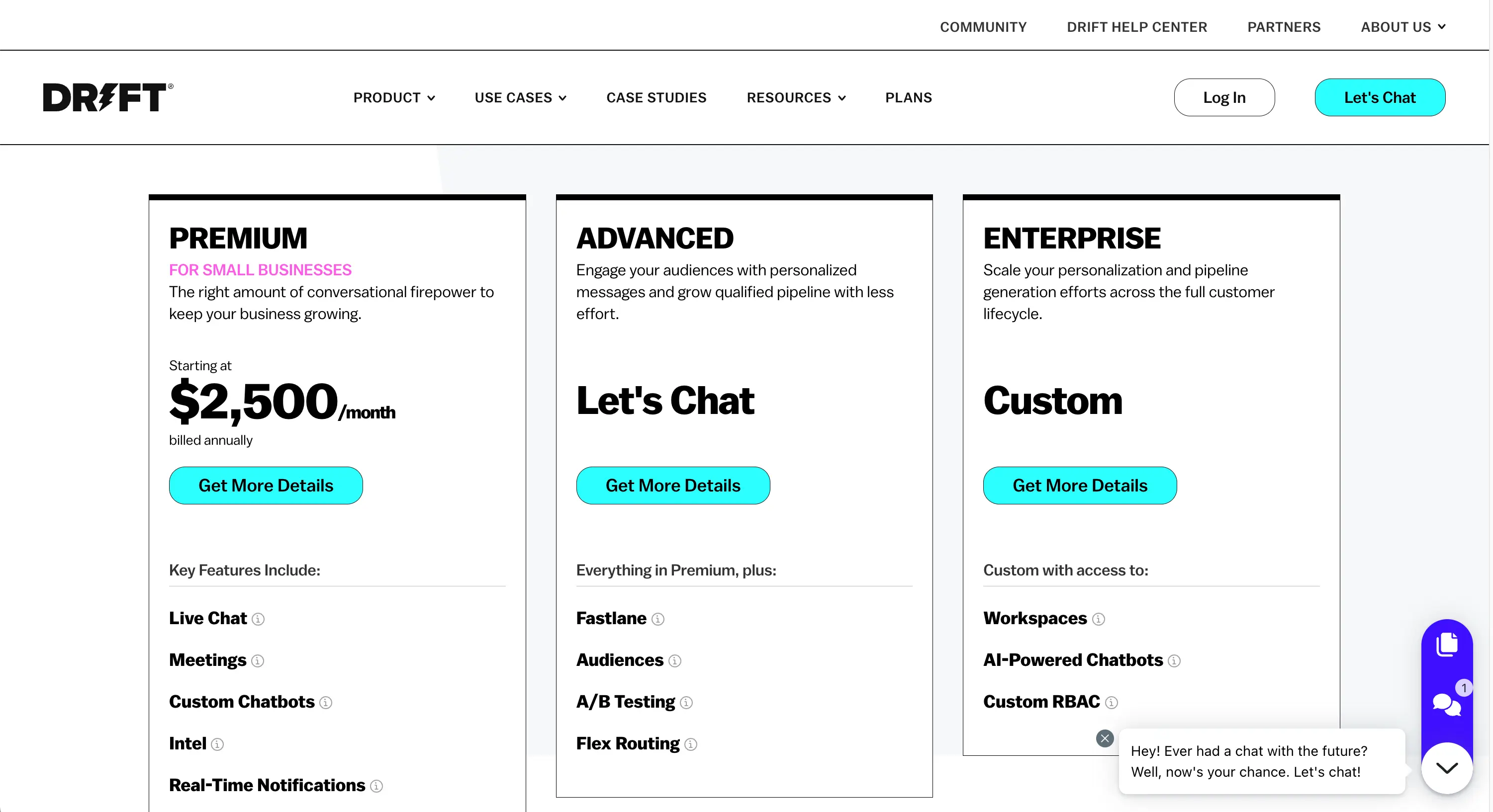 Drift’s pricing plans page from their website.