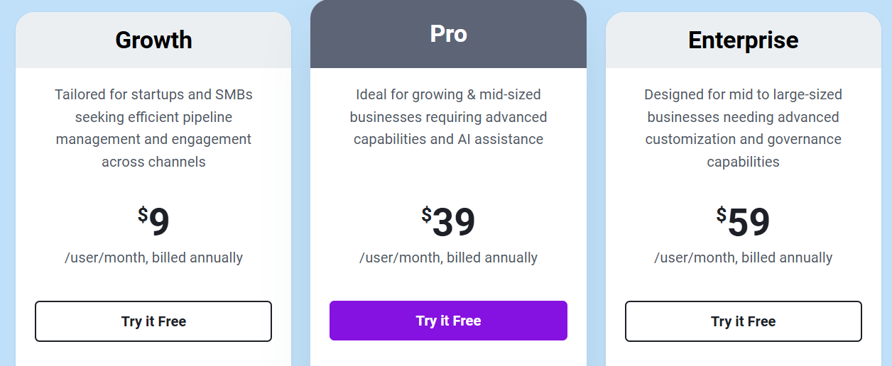 Freshworks’s pricing plans page from their website.