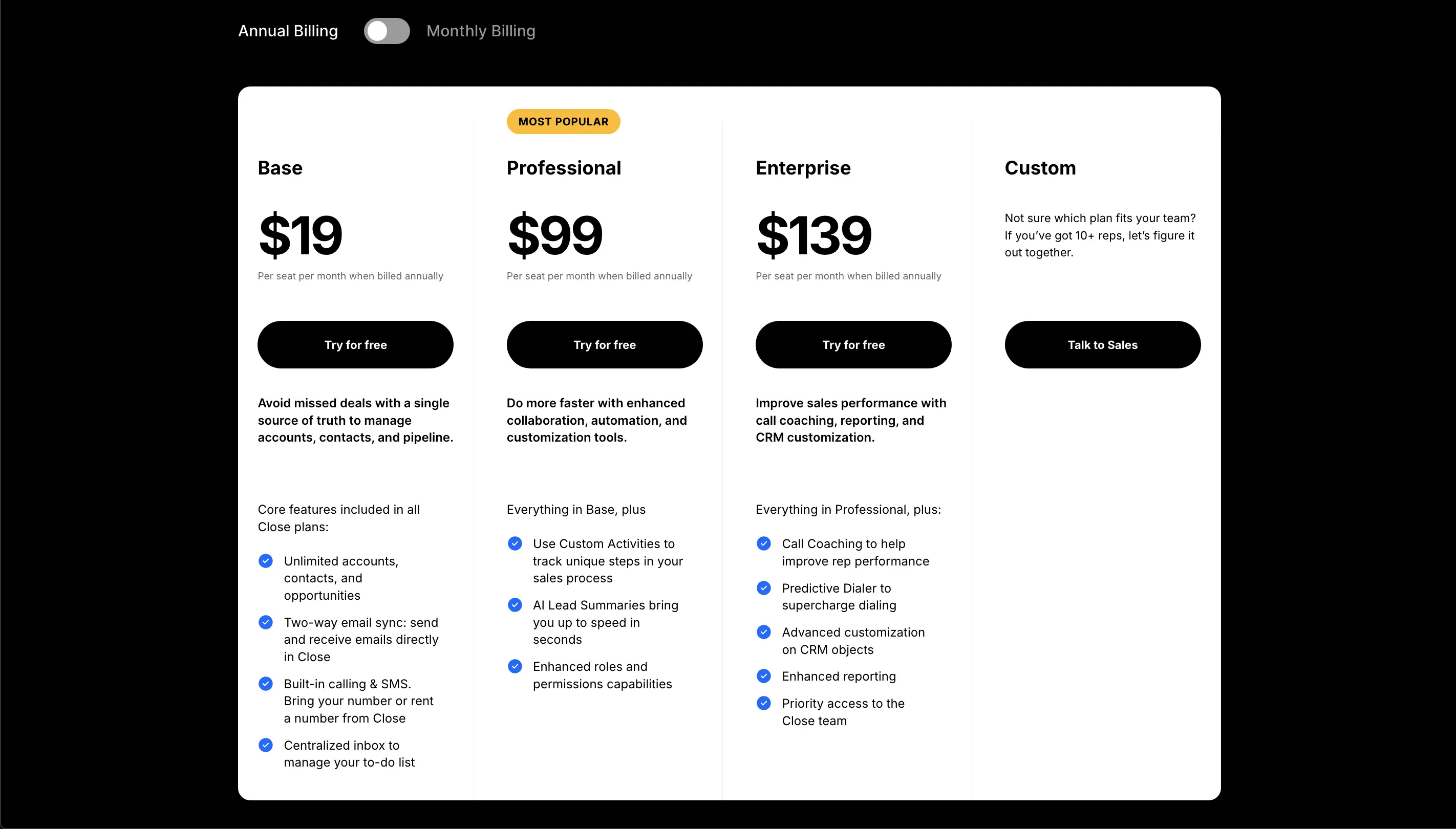 Close’s pricing page, displaying various subscription plans such as base, professional and enterprise
