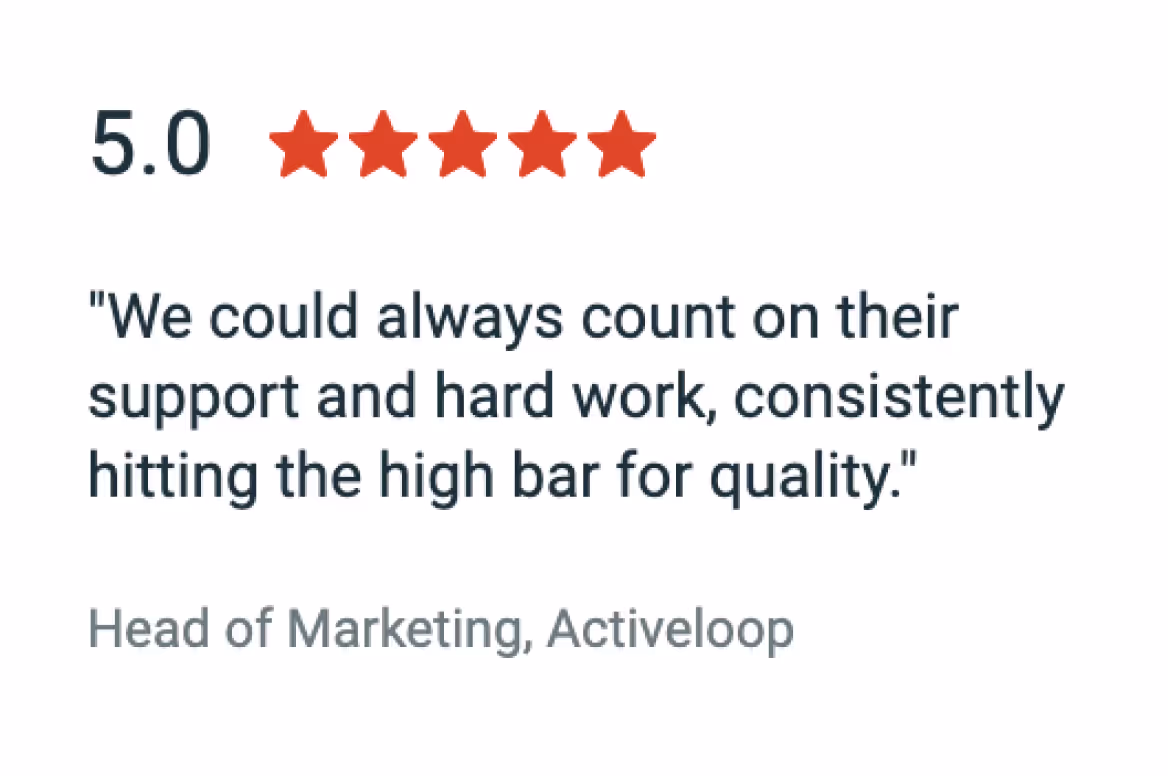 Customer review showing a 5.0 rating with five red stars and a quote praising support, hard work, and quality from the Head of Marketing, Activeloop.