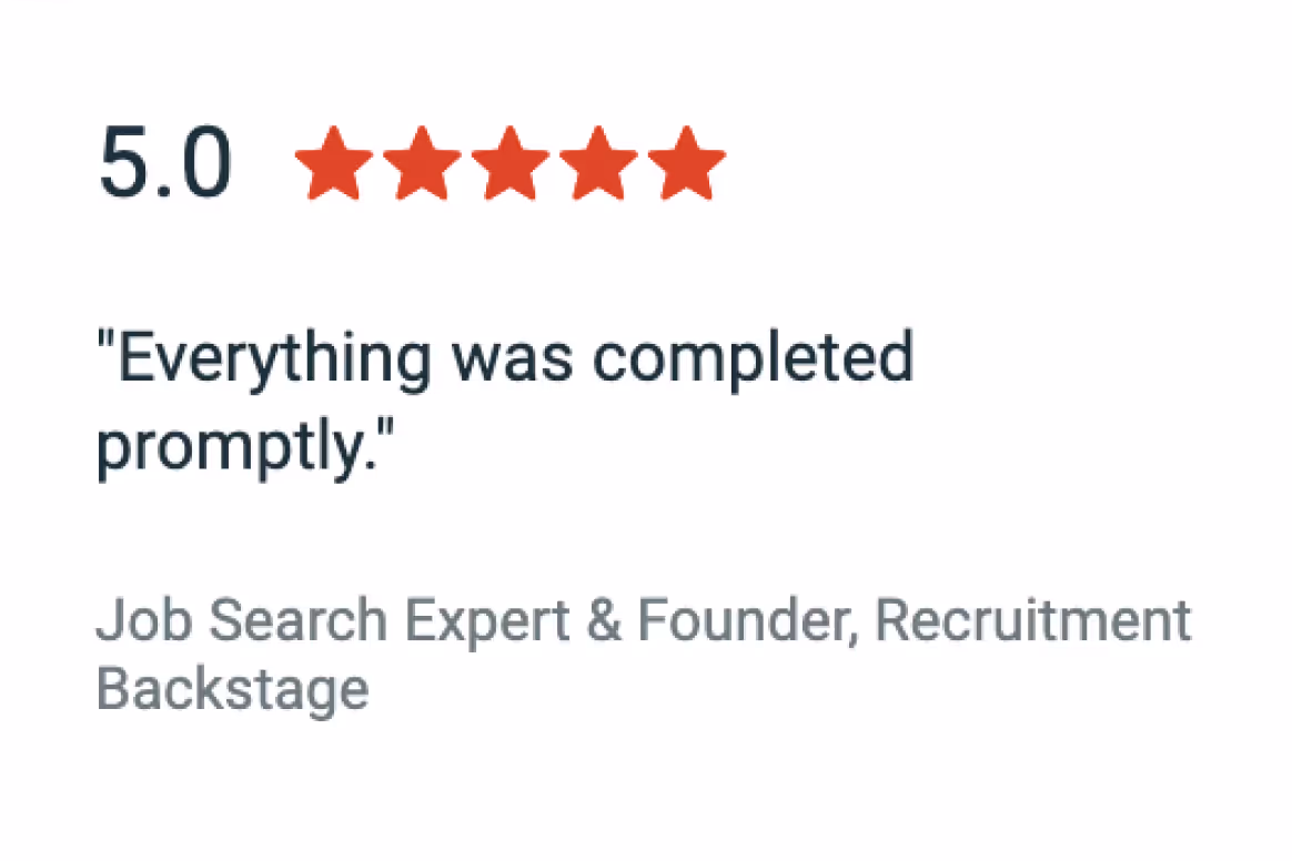 5.0 rating with five red stars, quote saying 'Everything was completed promptly,' attributed to a Job Search Expert & Founder of Recruitment Backstage.