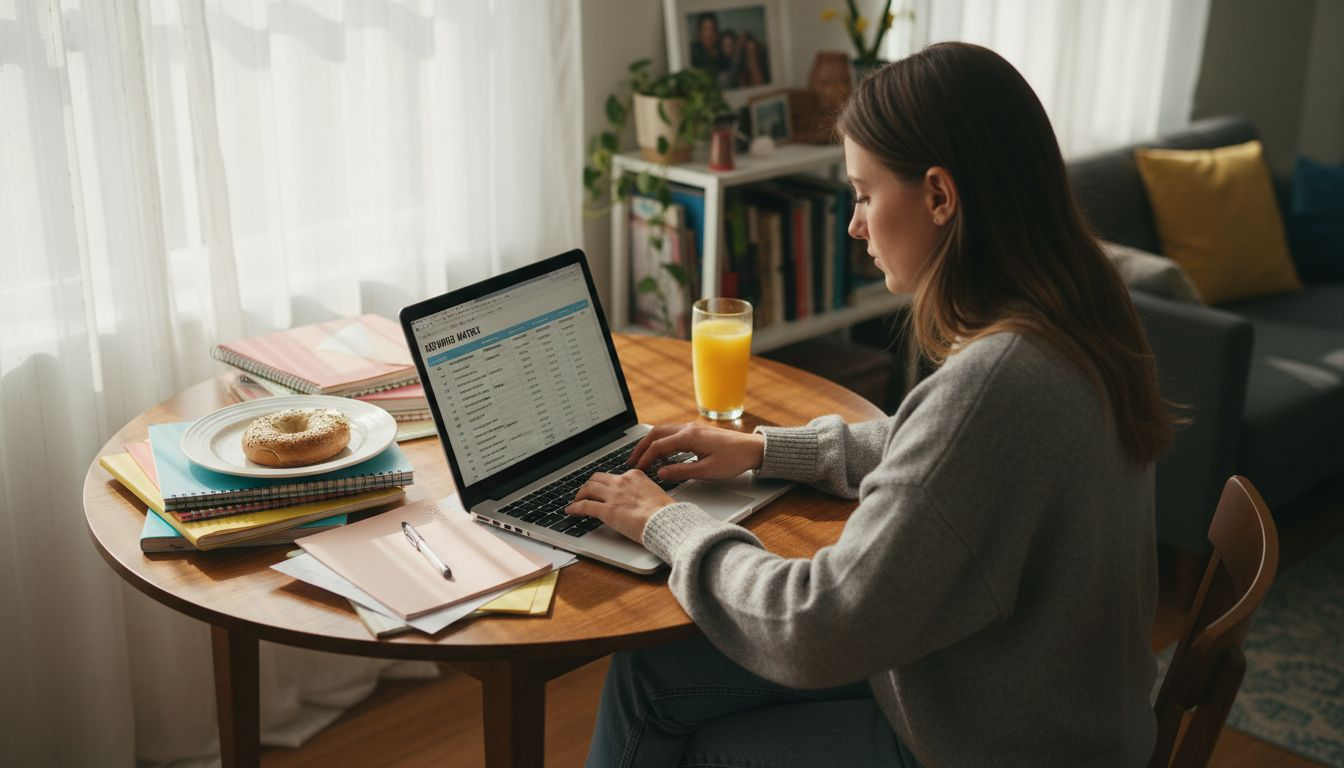 Woman brainstorming keyword research at kitchen table