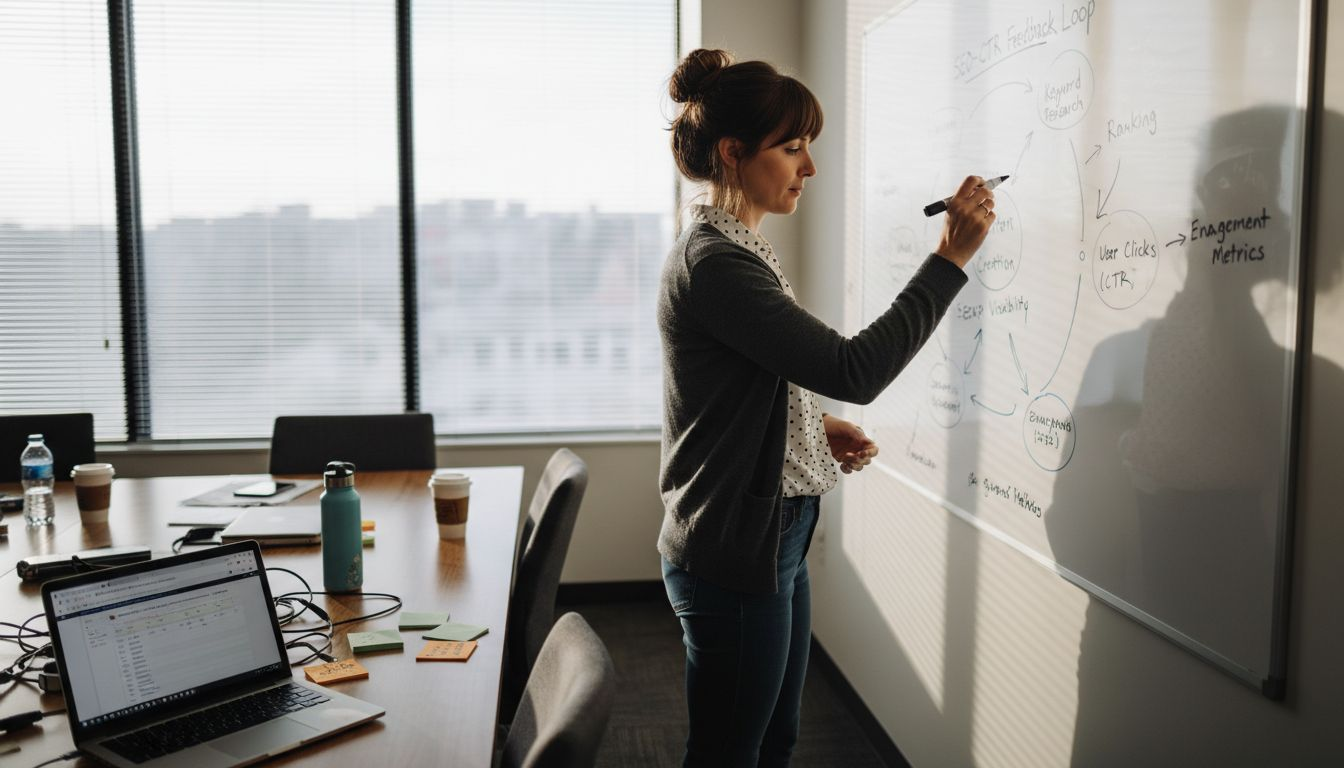 SEO analyst drawing feedback loop on whiteboard