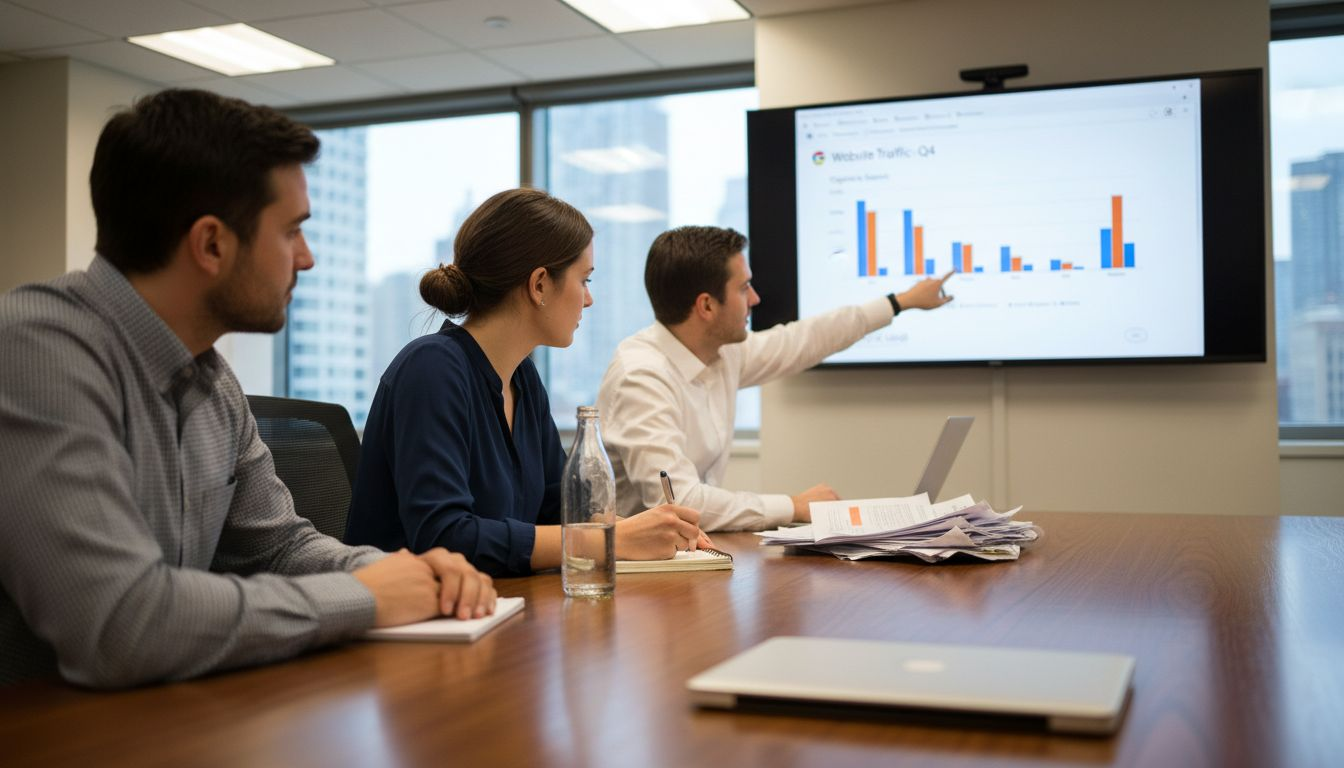 Business team discussing SEO ranking data