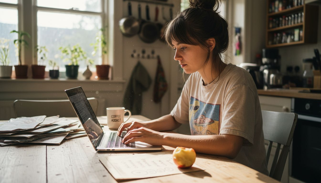 Woman researching online search behavior at kitchen table