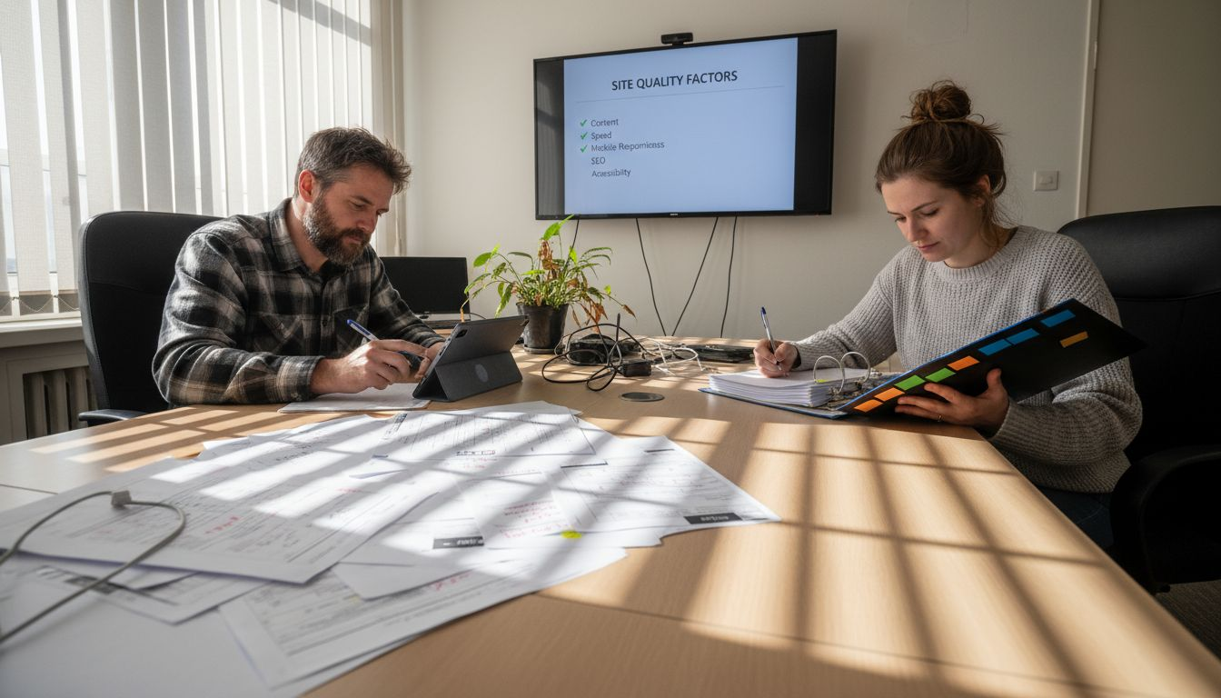 Team reviewing website ranking evaluation sheets