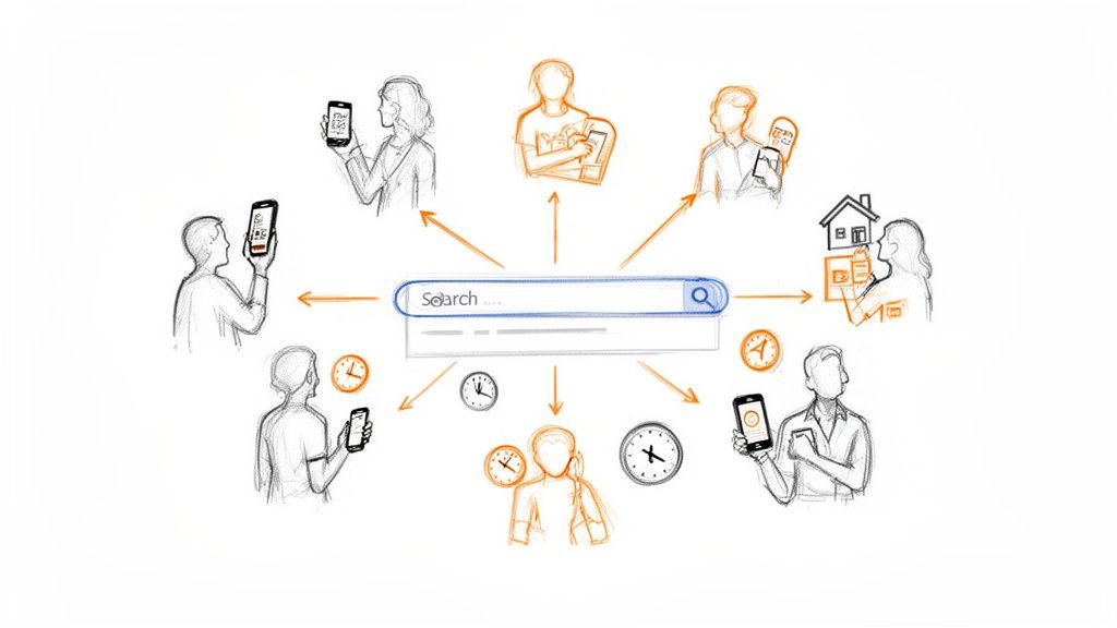 A diagram showing a central search bar connecting diverse users interacting with smartphones and digital devices.