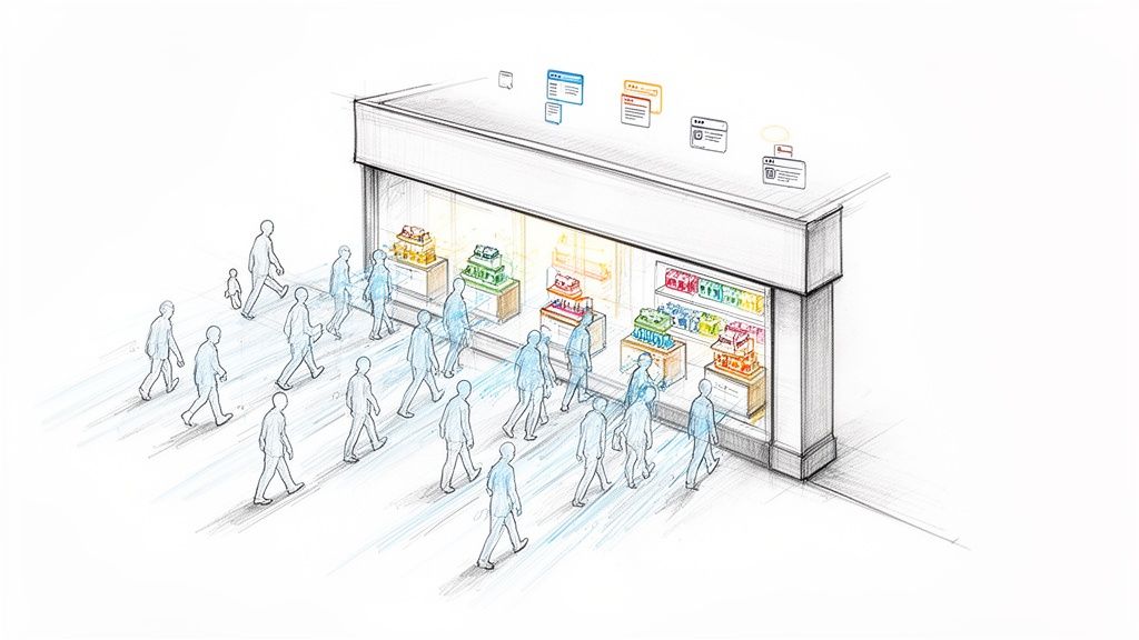 Illustration of people walking past a retail storefront with colorful products and digital interface icons.