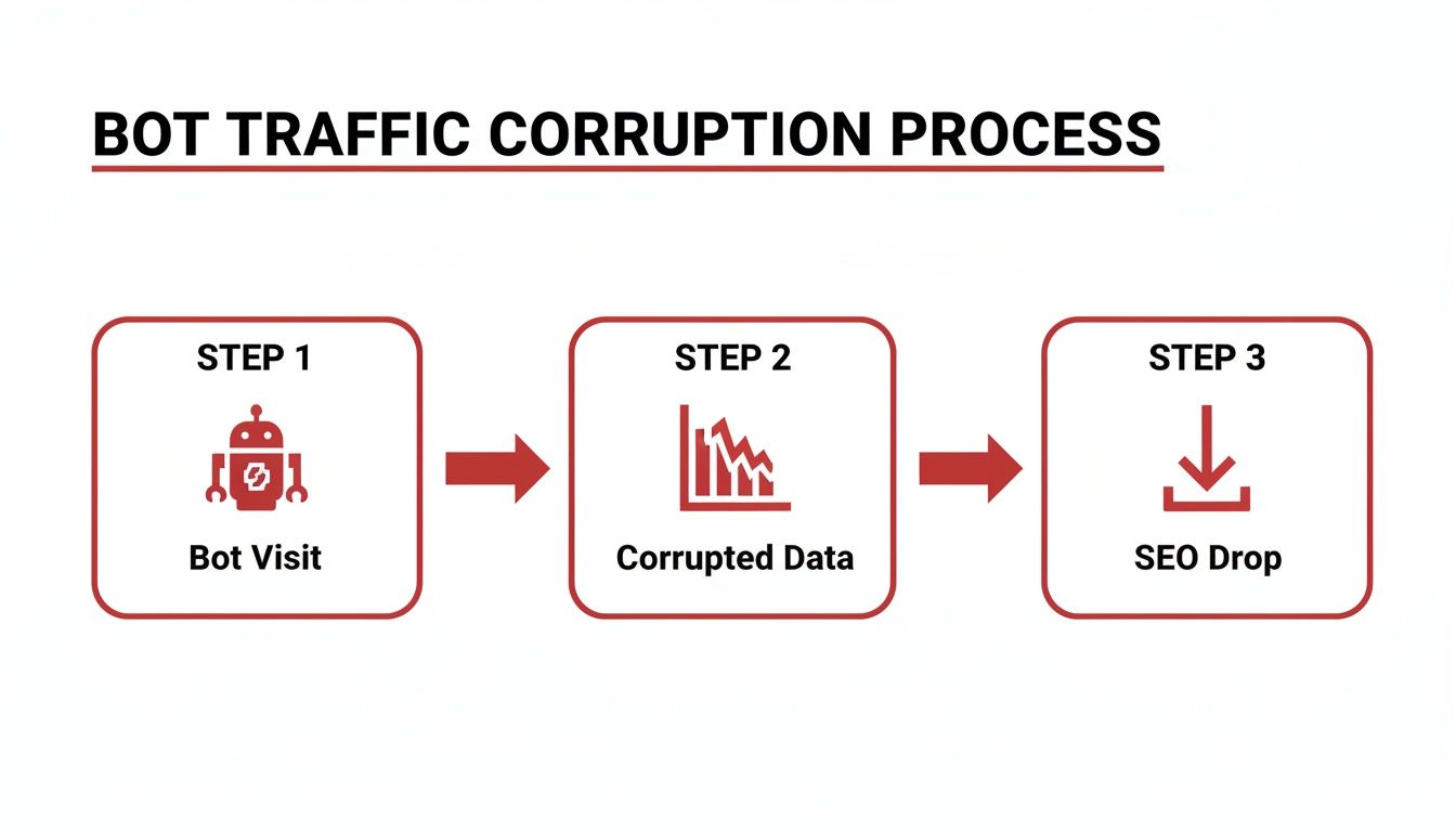 Diagram illustrating the bot traffic corruption process, showing bot visit, corrupted data, and SEO drop.