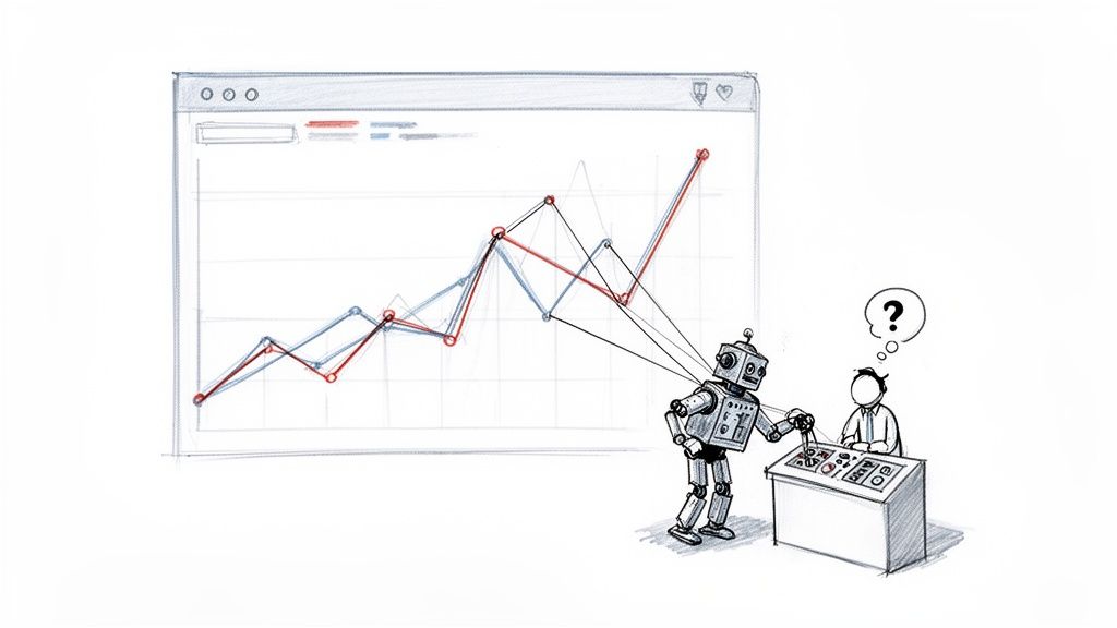 A robot manipulates a data graph on a computer screen, observed by a confused person.