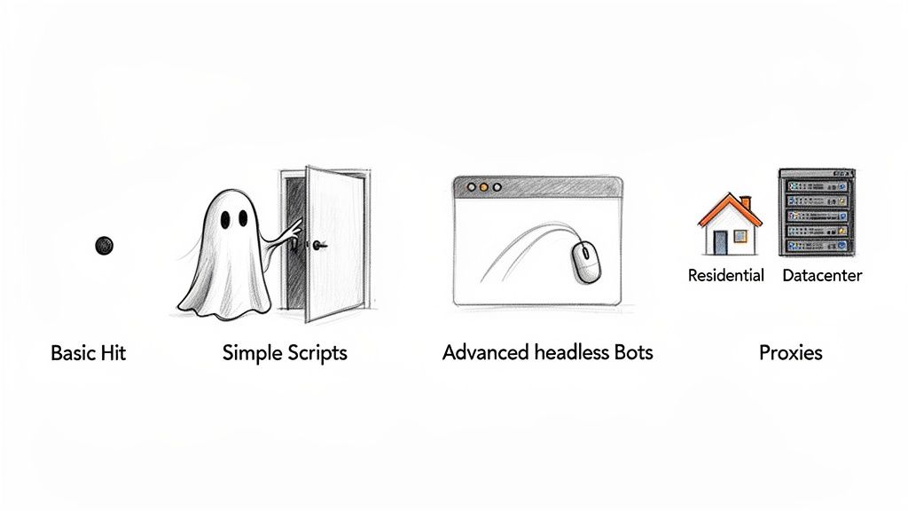 Visualizing stages of automated web traffic: basic hits, simple scripts, headless bots, and residential/datacenter proxies.