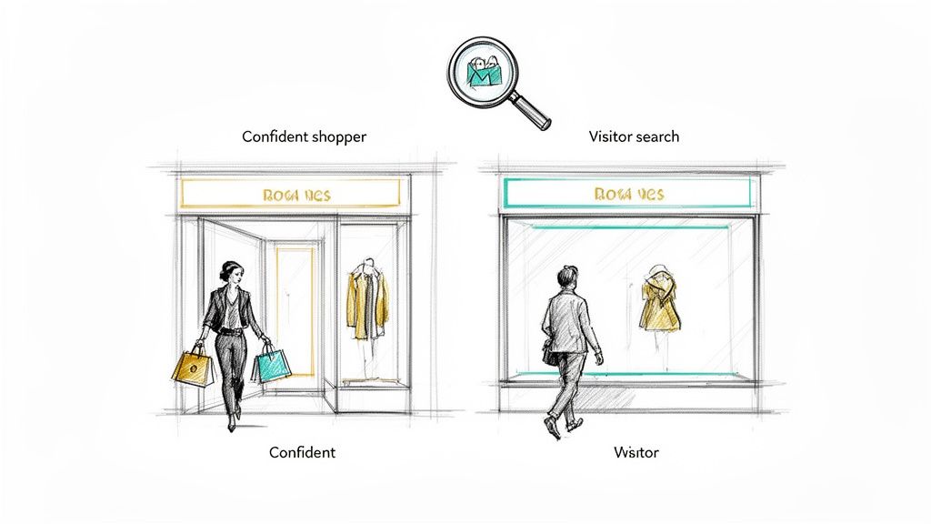Illustration comparing a confident shopper leaving a store with bags and a visitor looking through a window.