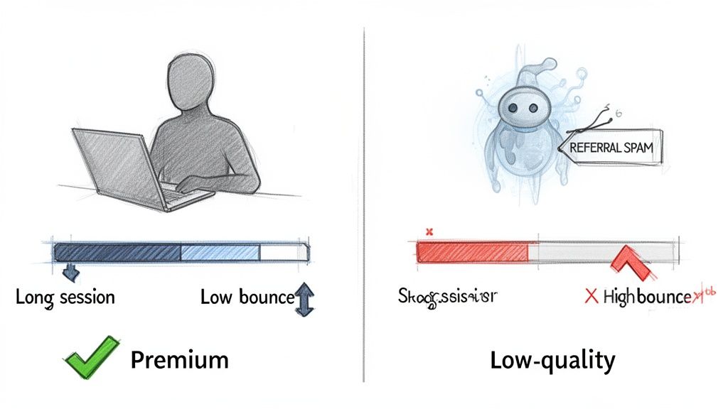 Visual comparison of premium, engaged website traffic (long sessions, low bounce) with low-quality referral spam.