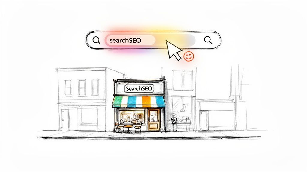 Hand-drawn illustration of a local business with 'SearchSEO' on its awning, connected to an online search.