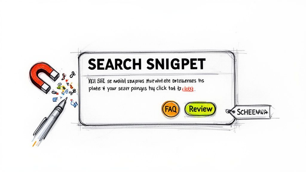 A hand-drawn whiteboard sketch illustrating a search snippet box with a magnet, pen, FAQ, and Review buttons.