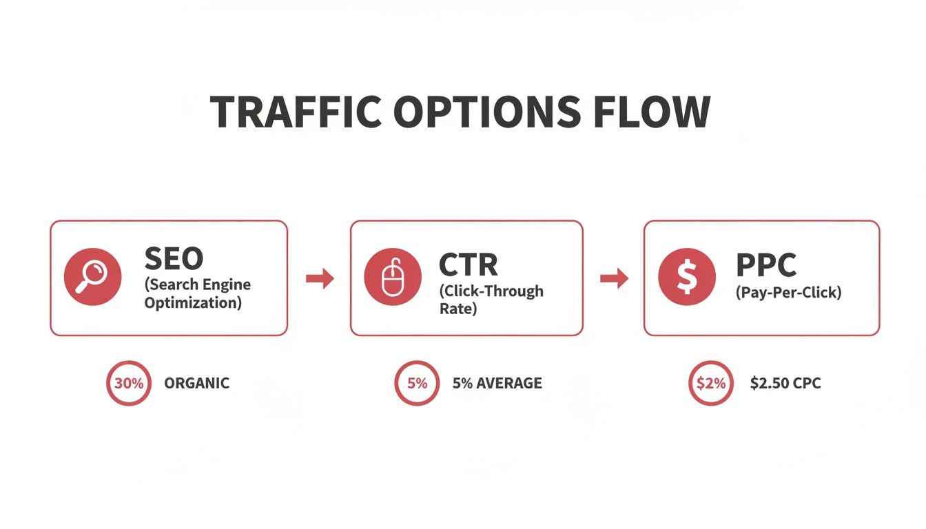 Flowchart illustrating website traffic options: SEO, CTR, and PPC, with associated percentages and costs.