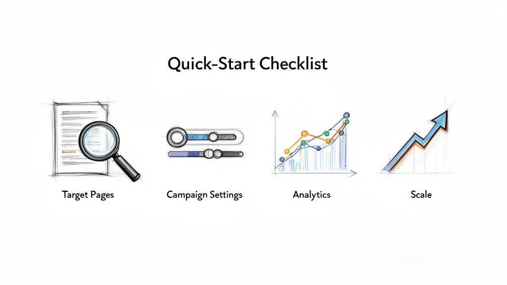 Quick-start checklist for boosting website traffic, including target pages, campaign settings, analytics, and scaling strategies.