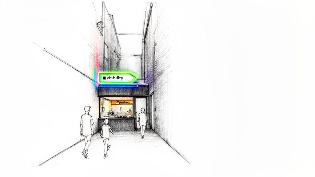 A hand-drawn sketch of an alleyway with people walking towards a building with a glowing 'visibility' sign.