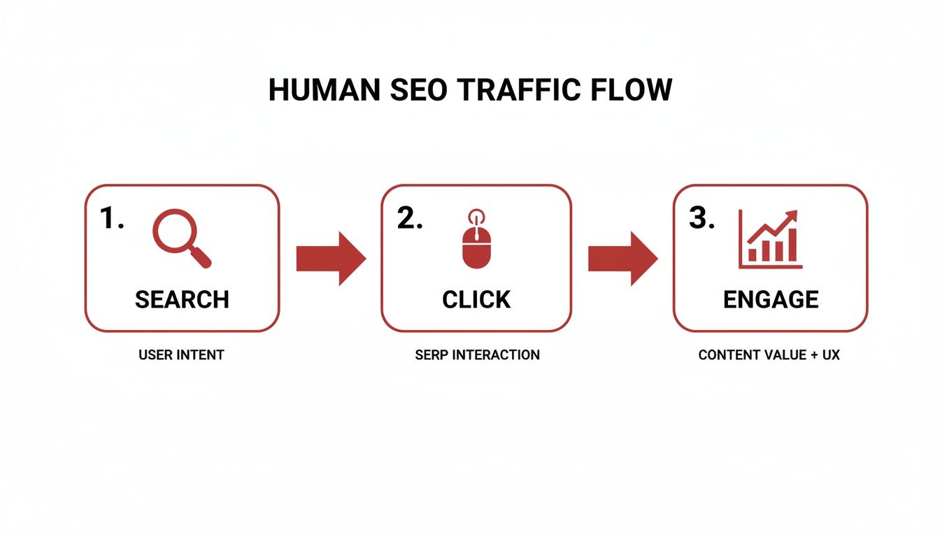 Diagram illustrating the human SEO traffic flow process: search based on user intent, click from SERP interaction, and engage with valuable content and good UX.