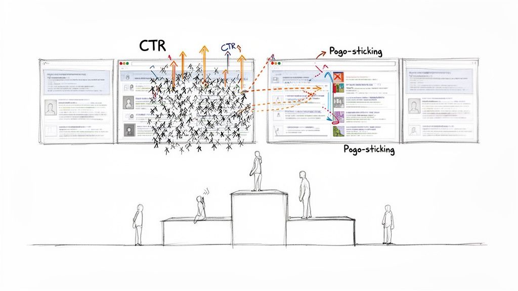 Illustration showing how Click-Through Rate and pogo-sticking affect website ranking on a search results podium.